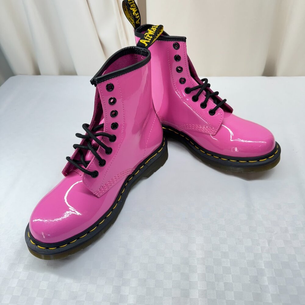Dr. Martens 1460 Women's Patent Leather Lace Up Boots in Thrift Pink - Picture 6 of 13